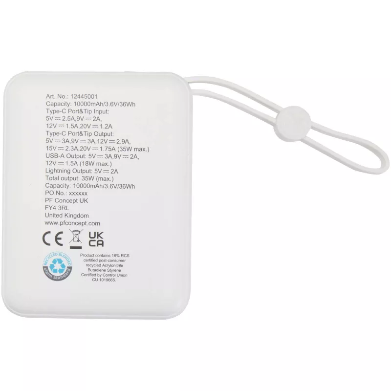 Acrux powerbank do tabletu o pojemności 10 000 mAh i mocy 35 W z wbudowanym kablem typu C - wykonany z tworzyw sztucznych pochodzących z recyklingu. - Biały (12445001)