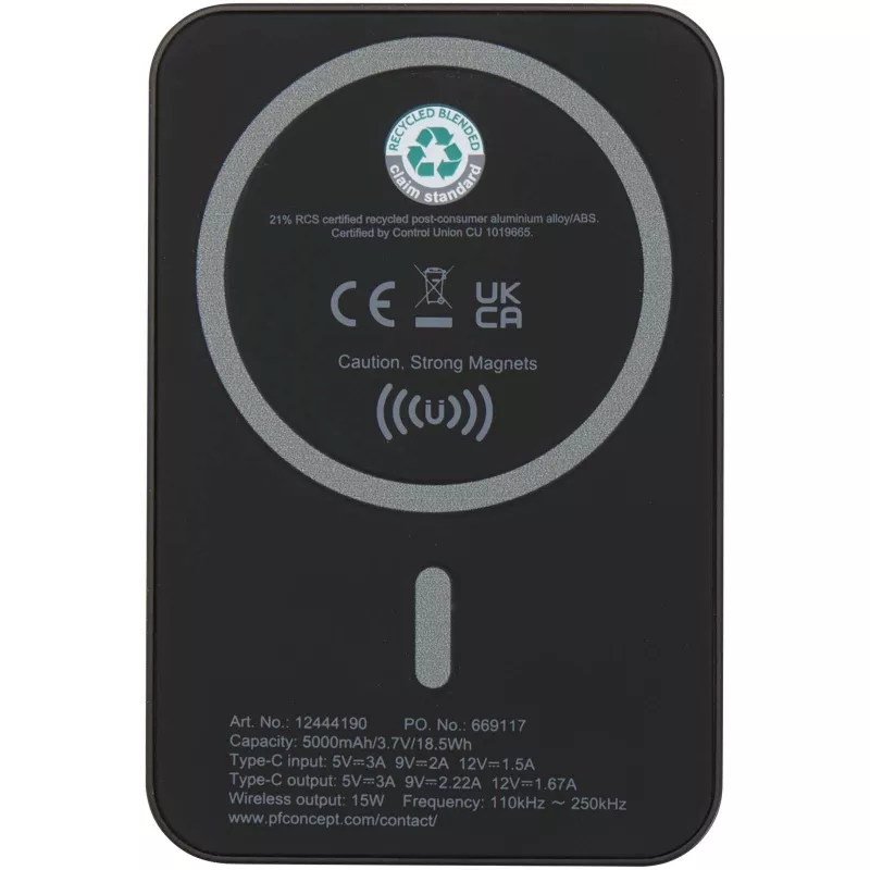 Acrab magnetyczny bezprzewodowy powerbank o pojemności 5000 mAh i mocy 15 W z technologią PD 20 W — wykonany z tworzyw sztycznych pochodzących z recyklingu. - Czarny (12444190)