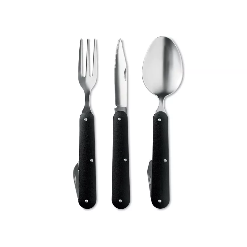 Sztućce turystyczne z aluminiowym uchwytem 3 SERVICE - Czarny (MO9503-03)