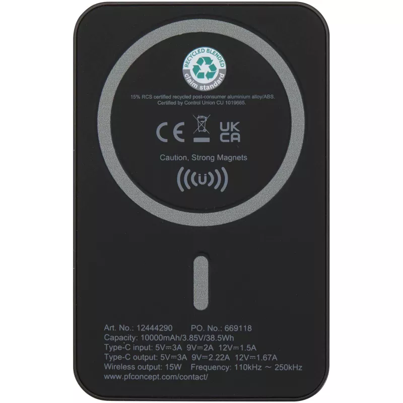 Acrab magnetyczny bezprzewodowy powerbank o pojemności 10 000 mAh i mocy 15 W z technologią 20 W PD — wykonany z tworzyw sztucznych pochodzących z recyklingu - Czarny (12444290)