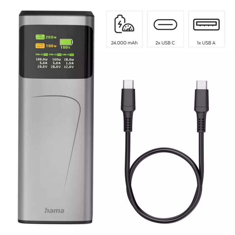 Power bank 24000 mAh Hama High Power 200W - grafitowy (VH030-15)