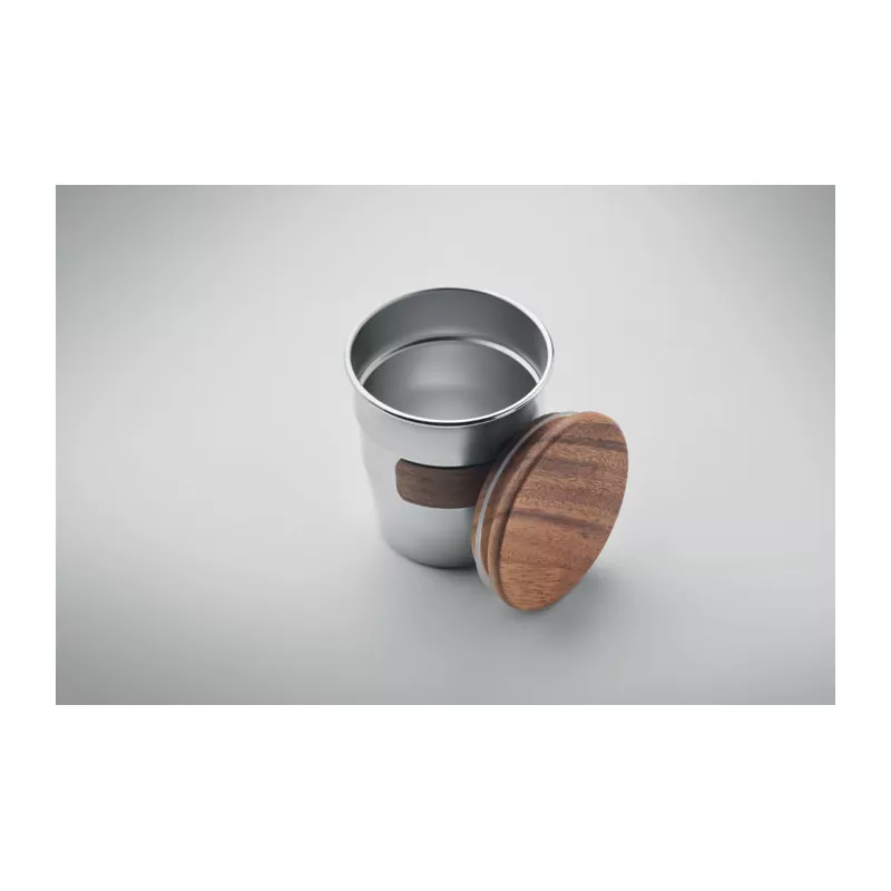 Kubek stalowy z pokrywką z orzecha 350 ml WALNUT - Srebrny Mat (MO2322-16)