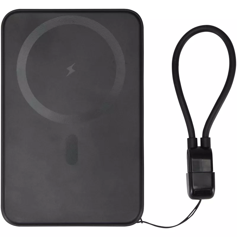 Powerbank SMART o pojemności 5000 mAh, wykonany z tworzywa sztucznego pochodzącego z recyklingu, ze smyczą na szyję - Czarny (12452990)
