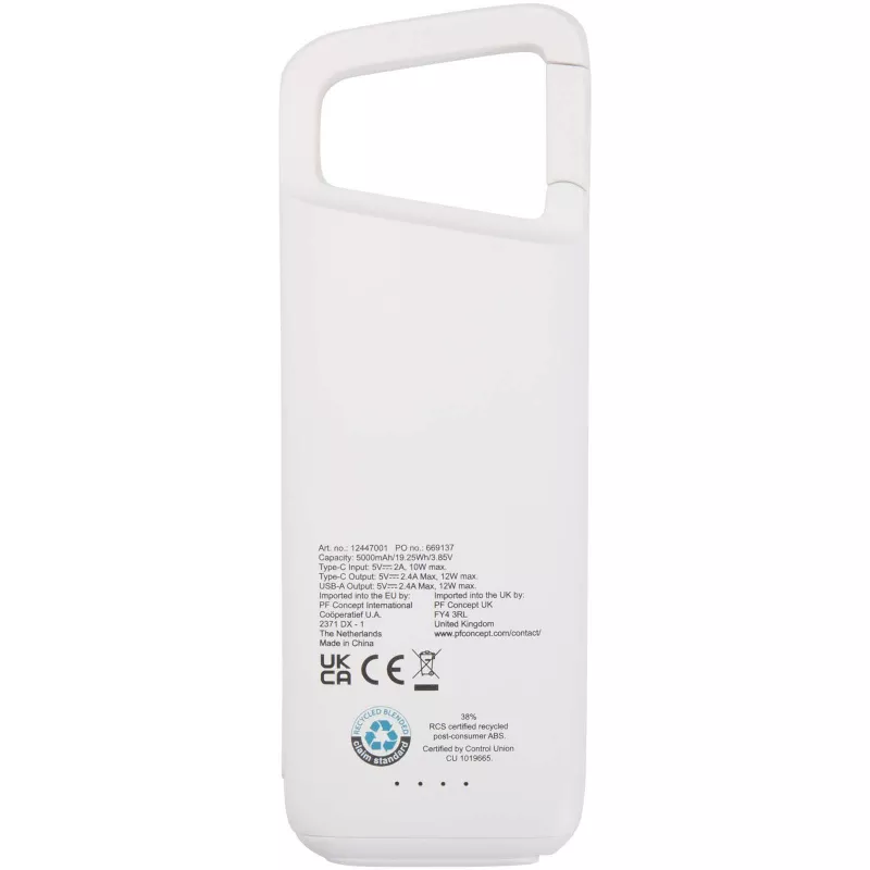 Alkes wodoodporny powerbank z karabińczykiem o pojemności 5000 mAh i mocy 12 W, wykonany z tworzyw sztucznych pochodzących z recyklingu - Biały (12447001)