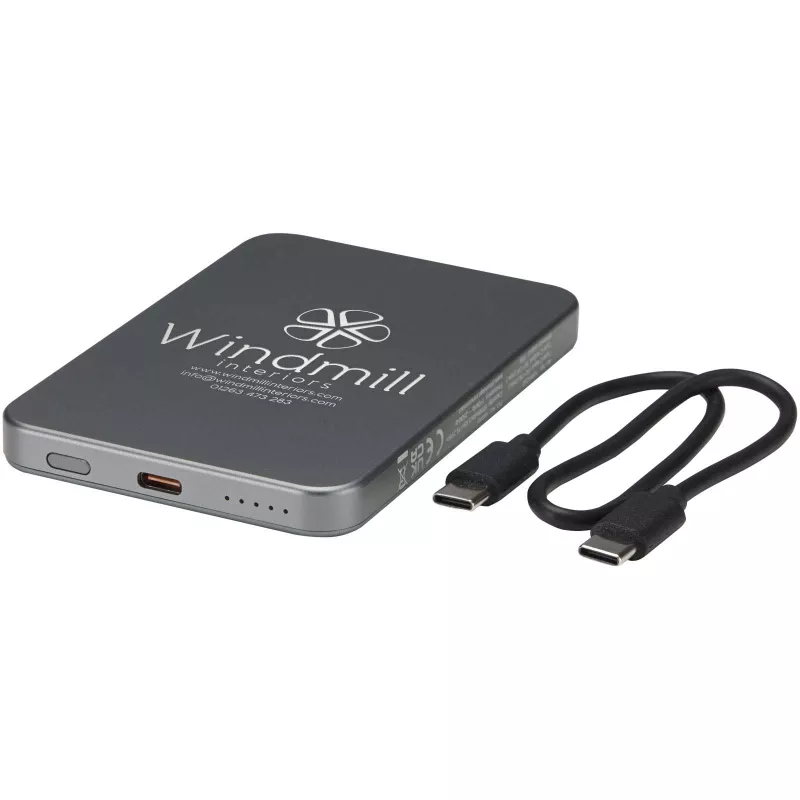 Powerbank Avis 5000 mAh z recyklingowanego aluminium posiadającego certyfikację RCS, z wbudowanym magnesem  - Gun metal (12444382)