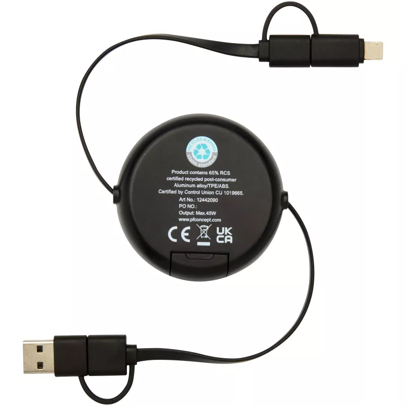 Alasia zwijany kabel do synchronizacji danych i szybkiego ładowania 5 w 1 45 W o długości 100 cm z tworzyw sztucznych i aluminium pochodzących z recyklingu - Czarny (12442090)