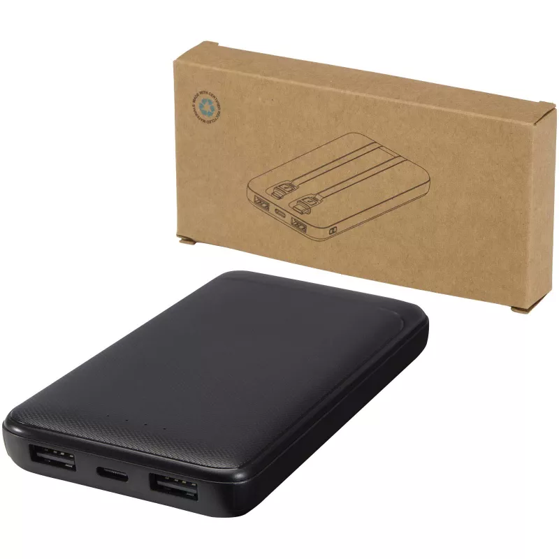Adhil powerbank o pojemności 10.000 mAh i mocy 10 W z tworzyw sztucznych pochodzących z recyklilngu z 2 wbudowanymi kablami - Czarny (12445990)