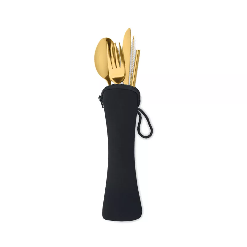 Sztućce stalowe ze słomką w etui 5 SERVICE - Matowy Zloty (MO6149-98)