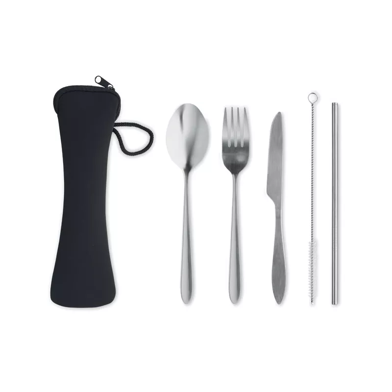 Sztućce stalowe ze słomką w etui 5 SERVICE - Czarny (MO6149-03)