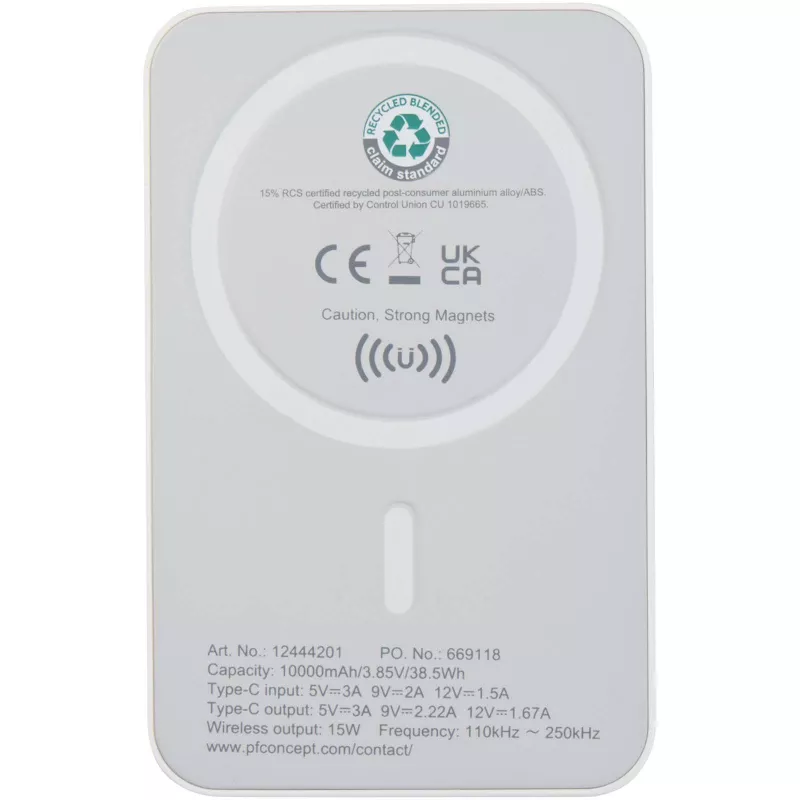 Acrab magnetyczny bezprzewodowy powerbank o pojemności 10 000 mAh i mocy 15 W z technologią 20 W PD — wykonany z tworzyw sztucznych pochodzących z recyklingu - Biały (12444201)