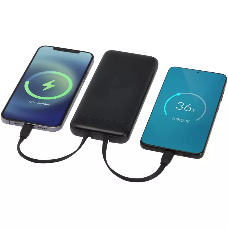 Adhil powerbank o pojemności 10.000 mAh i mocy 10 W z tworzyw sztucznych pochodzących z recyklilngu z 2 wbudowanymi kablami - Czarny (12445990)
