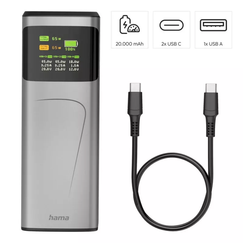 Power bank 20000 mAh Hama High Power 65W - grafitowy (VH028-15)