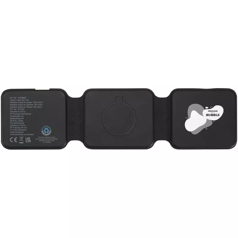 Armus zestaw 3 w 1 ze składaną ładowarką bezprzewodową 15 W z tworzyw sztucznych pochodzących z recyklingu - Czarny (12449890)