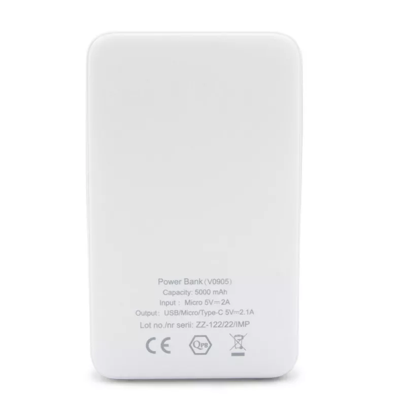 Power bank 5000 mAh ze zintegrowanymi kablami, adapter w komplecie | Presley - biały (V0905-02)