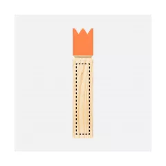 on the wooden block with the orange crown