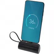 Czarny - Alnair powerbank o pojemności 5000 mAh i mocy 10 W, wykonany z tworzyw sztucznych pochodzących z recyklingu, z wbudowaną podstawką i kablem 2 w 1