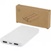 Biały - Adhil powerbank o pojemności 10.000 mAh i mocy 10 W z tworzyw sztucznych pochodzących z recyklilngu z 2 wbudowanymi kablami