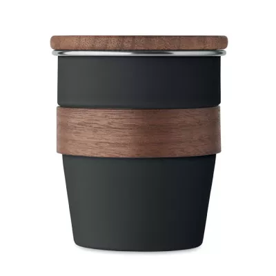Kubek stalowy z pokrywką z orzecha 350 ml WALNUT - Czarny (MO2322-03)