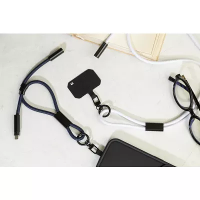 CuffCharge smycz na nadgarstek, uchwyt na telefon, kabel 60W RPET - ciemno niebieski (AP864134-06A)