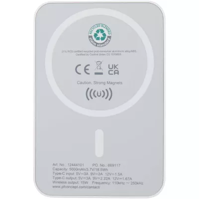 Acrab magnetyczny bezprzewodowy powerbank o pojemności 5000 mAh i mocy 15 W z technologią PD 20 W — wykonany z tworzyw sztycznych pochodzących z recyklingu. - Biały (12444101)