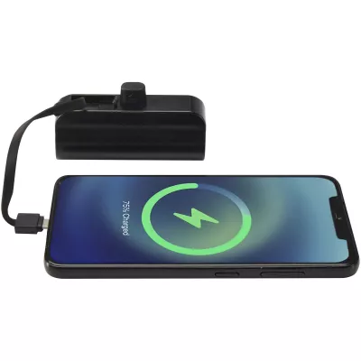 Alnair powerbank o pojemności 5000 mAh i mocy 10 W, wykonany z tworzyw sztucznych pochodzących z recyklingu, z wbudowaną podstawką i kablem 2 w 1 - Czarny (12447290)