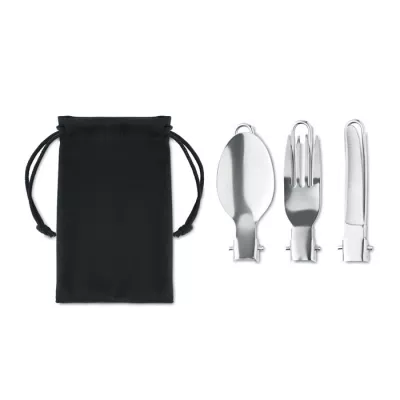 Sztućce kempingowe stalowe w etui RPET STAPI SET - Czarny (MO6359-03)