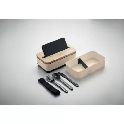 Lunchbox dwupoziomowy 2x400 ml ze sztućcami WINT - Bezowy (MO2088-13)