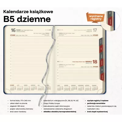 Kalendarz książkowy B5 DZIENNY z registrami - Czarny z czerwonym (B5-DZ-KK37)