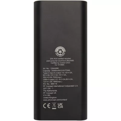 Acamar powerbank do laptopa o pojemności 20 000 mAh i mocy 70 W z aluminium z recyklingu - Czarny (12444090)