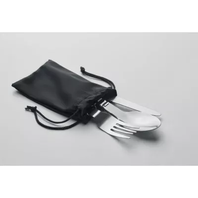 Sztućce kempingowe stalowe w etui RPET STAPI SET - Czarny (MO6359-03)