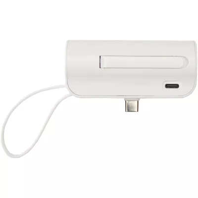 Alnair powerbank o pojemności 5000 mAh i mocy 10 W, wykonany z tworzyw sztucznych pochodzących z recyklingu, z wbudowaną podstawką i kablem 2 w 1 - Biały (12447201)