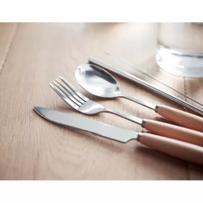 Sztućce stalowe z bukowymi uchwytami w etui CUSTA SET - Bezowy (MO6336-13)