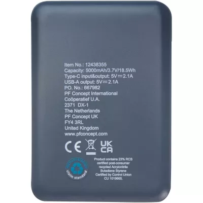 Asama powerbank o pojemności 5000 mAh Type-C z tworzyw sztucznych pochodzących z recyklingu - Hale Blue (12438355)