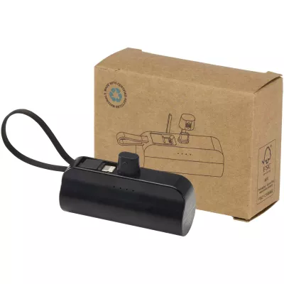 Alnair powerbank o pojemności 5000 mAh i mocy 10 W, wykonany z tworzyw sztucznych pochodzących z recyklingu, z wbudowaną podstawką i kablem 2 w 1 - Czarny (12447290)
