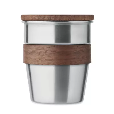 Kubek stalowy z pokrywką z orzecha 350 ml WALNUT - Srebrny Mat (MO2322-16)