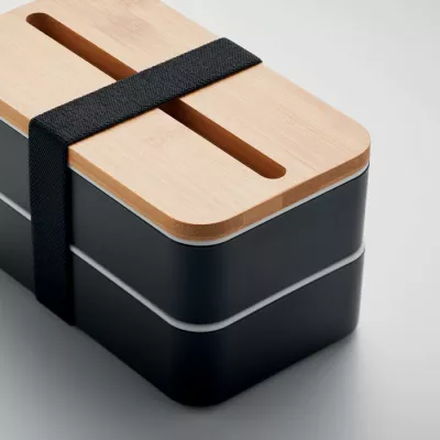 Lunchbox dwupoziomowy 2x400 ml ze sztućcami WINT - Czarny (MO2088-03)