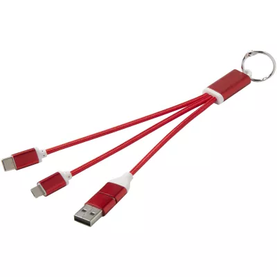Metal kabel do ładowania 4 w 1 z aluminium z recyklingu z łańcuchem do kluczy - Czerwony (12438221)