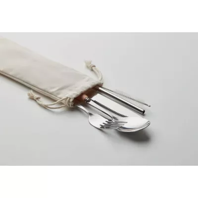 Sztućce stalowe z bukowymi uchwytami w etui CUSTA SET - Bezowy (MO6336-13)