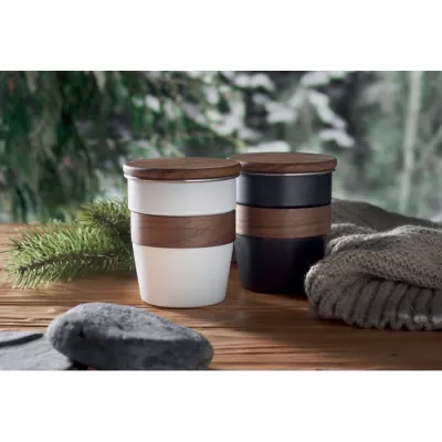 Kubek stalowy z pokrywką z orzecha 350 ml WALNUT - Bialy (MO2322-06)