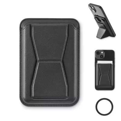 Etui na telefon magnetyczne z podstawką z PU LEAMAG - Czarny (MO2654-03)
