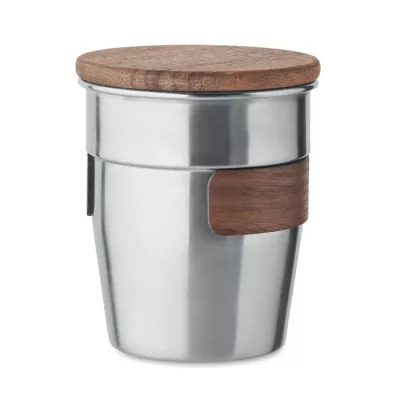 Kubek stalowy z pokrywką z orzecha 350 ml WALNUT - Srebrny Mat (MO2322-16)