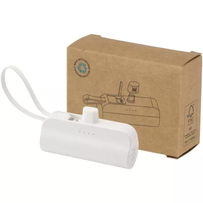 Alnair powerbank o pojemności 5000 mAh i mocy 10 W, wykonany z tworzyw sztucznych pochodzących z recyklingu, z wbudowaną podstawką i kablem 2 w 1 - Biały (12447201)