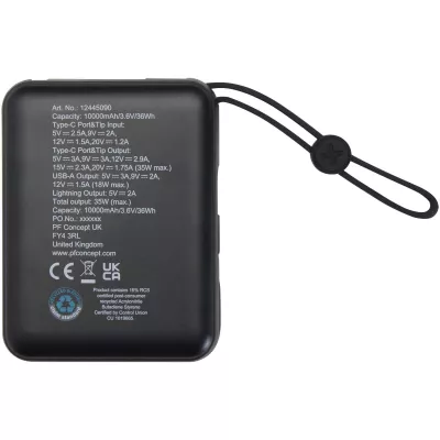 Acrux powerbank do tabletu o pojemności 10 000 mAh i mocy 35 W z wbudowanym kablem typu C - wykonany z tworzyw sztucznych pochodzących z recyklingu. - Czarny (12445090)