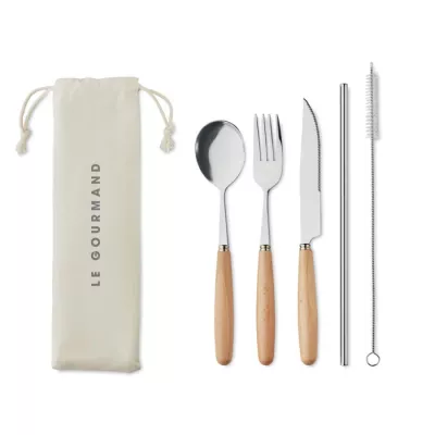 Sztućce stalowe z bukowymi uchwytami w etui CUSTA SET - Bezowy (MO6336-13)