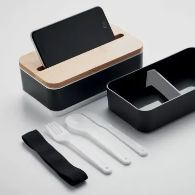 Lunchbox dwupoziomowy 2x400 ml ze sztućcami WINT - Czarny (MO2088-03)