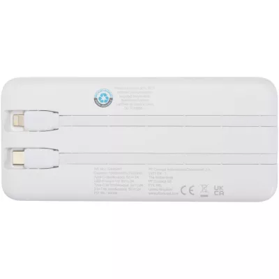 Adhil powerbank o pojemności 10.000 mAh i mocy 10 W z tworzyw sztucznych pochodzących z recyklilngu z 2 wbudowanymi kablami - Biały (12445901)