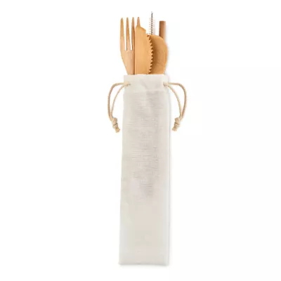 Sztućce bambusowe ze słomką w etui SETSTRAW - Bezowy (MO6121-13)