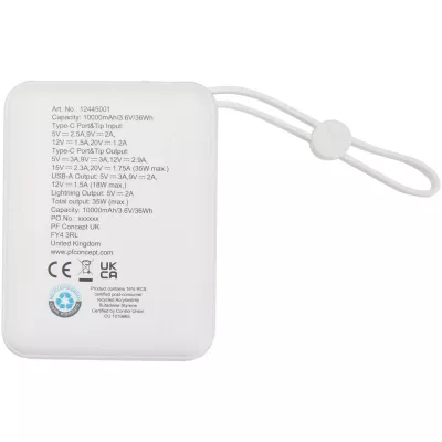 Acrux powerbank do tabletu o pojemności 10 000 mAh i mocy 35 W z wbudowanym kablem typu C - wykonany z tworzyw sztucznych pochodzących z recyklingu. - Biały (12445001)
