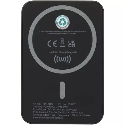 Acrab magnetyczny bezprzewodowy powerbank o pojemności 5000 mAh i mocy 15 W z technologią PD 20 W — wykonany z tworzyw sztycznych pochodzących z recyklingu. - Czarny (12444190)