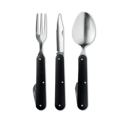 Sztućce turystyczne z aluminiowym uchwytem 3 SERVICE - Czarny (MO9503-03)